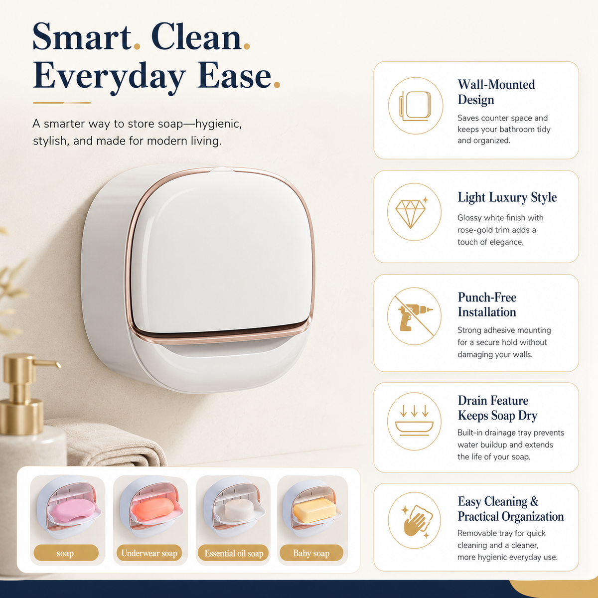 Wall Mounted Soap Box Holder | Punch Free Drainage Soap Dish for Bathroom & Kitchen