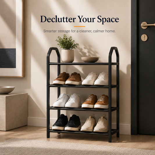 4-Layer Portable Shoe Rack with Dustproof Cover – Space Saving Shoe Organizer for Home & Closet (Plastic + Metal Body)