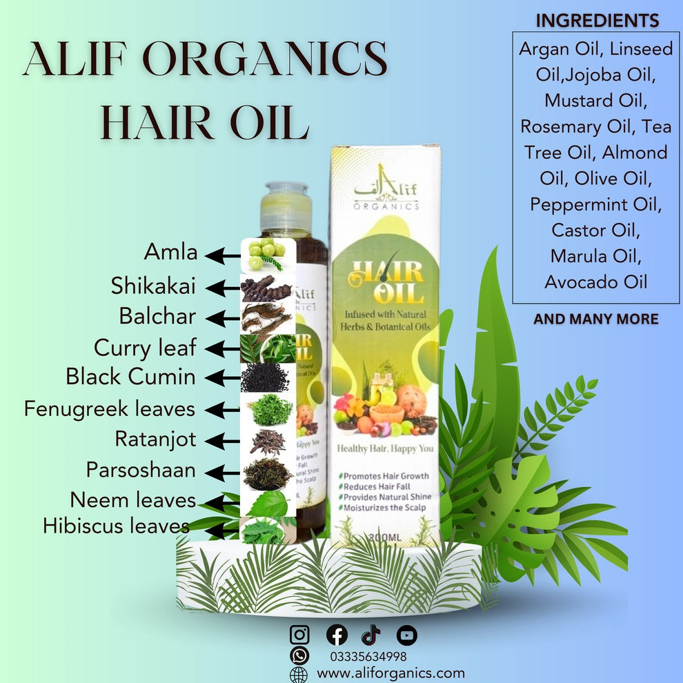 Alif Organics Natural Hair Oil 200ml – Herbal & Botanical Hair Oil for Stronger, Healthier Looking Hair
