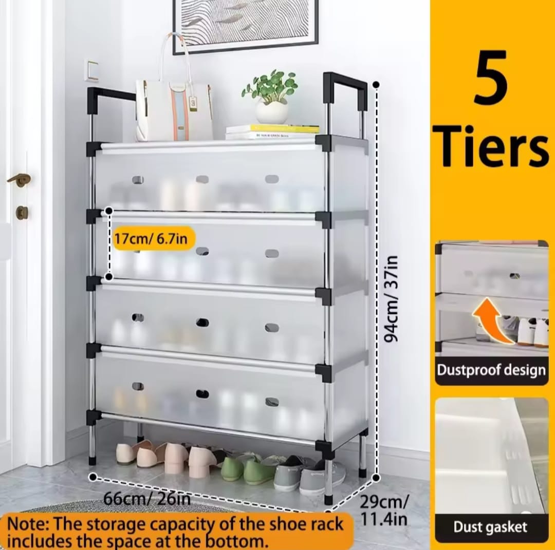 5-Layer Multi-Layer Dustproof Shoe Rack Organizer with Cover – Foldable Plastic Shoe Storage Cabinet, Durable Space-Saving Design