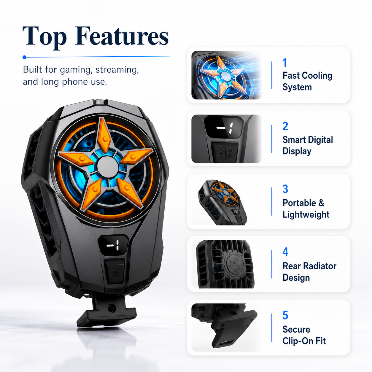 SL09 Mobile Phone Cooler Fan with Smart Digital Display, Fast Cooling Rear Radiator for Gaming & Smartphones
