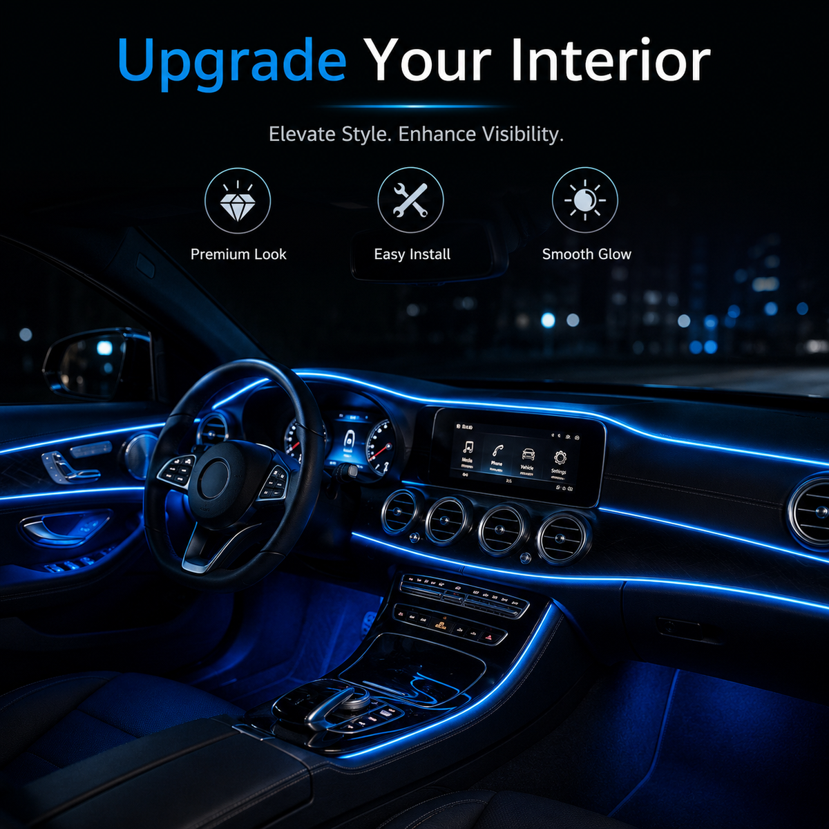 Flexible EL Wire LED Strip Car Interior Ambient Light – Ice Blue 2 Meter Cigarette Lighter Powered