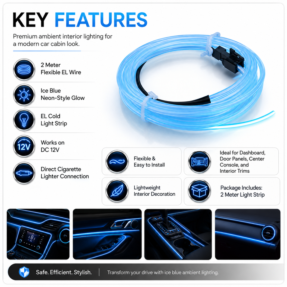 Flexible EL Wire LED Strip Car Interior Ambient Light – Ice Blue 2 Meter Cigarette Lighter Powered