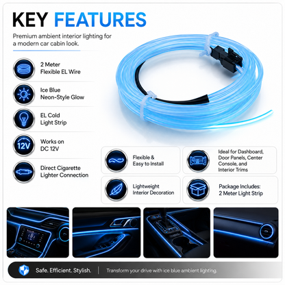 Flexible EL Wire LED Strip Car Interior Ambient Light – Ice Blue 2 Meter Cigarette Lighter Powered