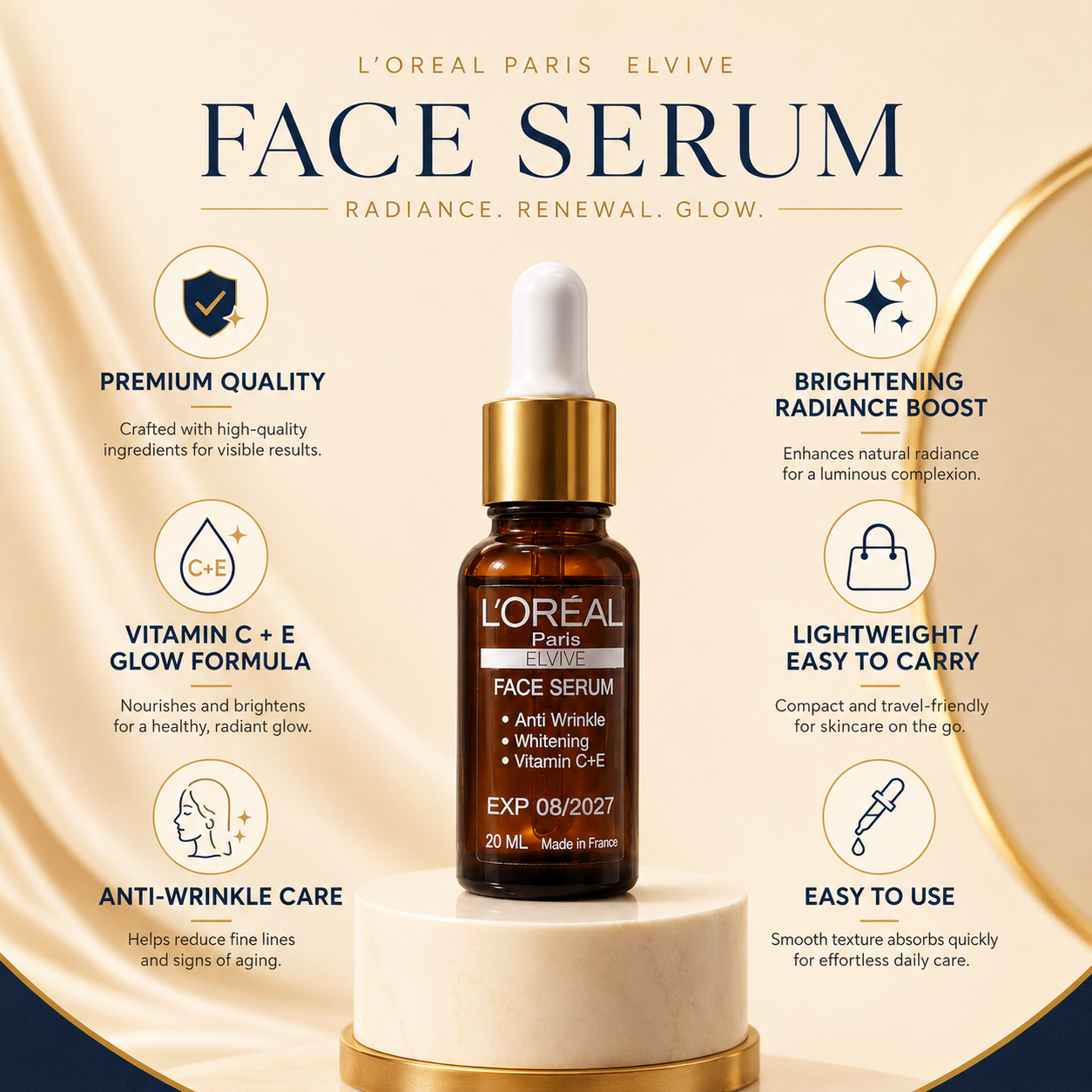 L’Oreal Paris Elvive Anti-Wrinkle & Ultra Whitening Face Serum with Vitamin C + E – 20ml