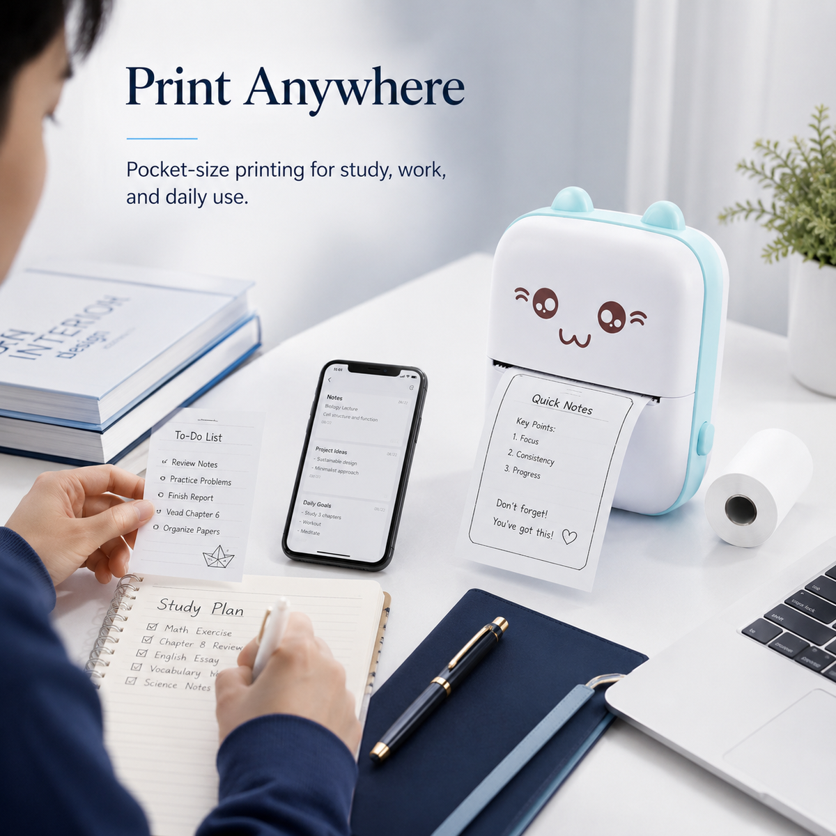 Mini Portable Thermal Printer Wireless Bluetooth Pocket Photo Printer with Paper Roll