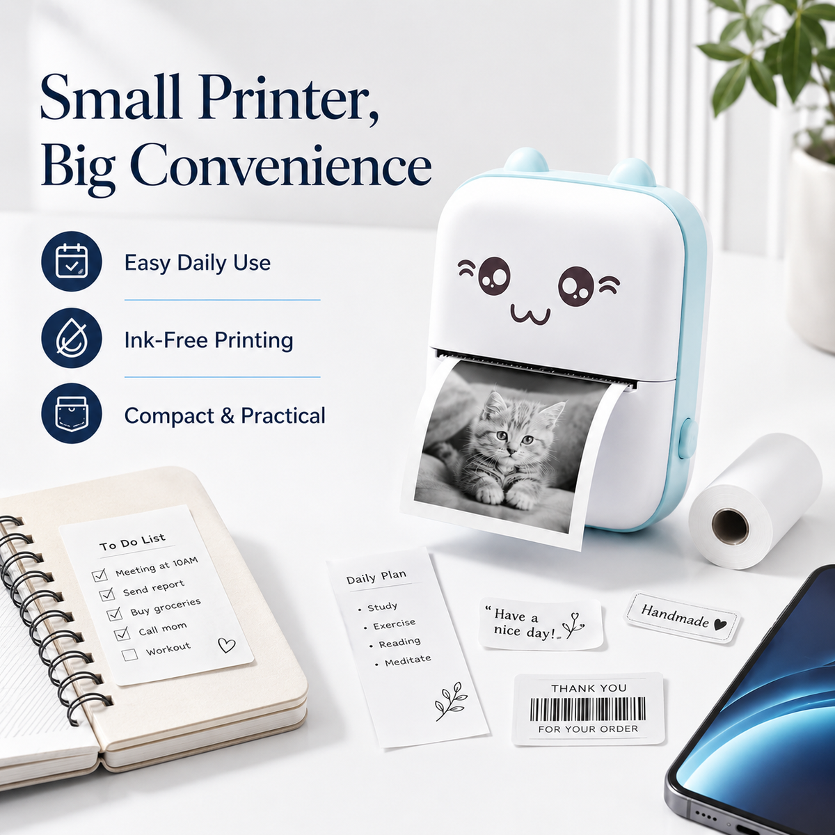 Mini Portable Thermal Printer Wireless Bluetooth Pocket Photo Printer with Paper Roll