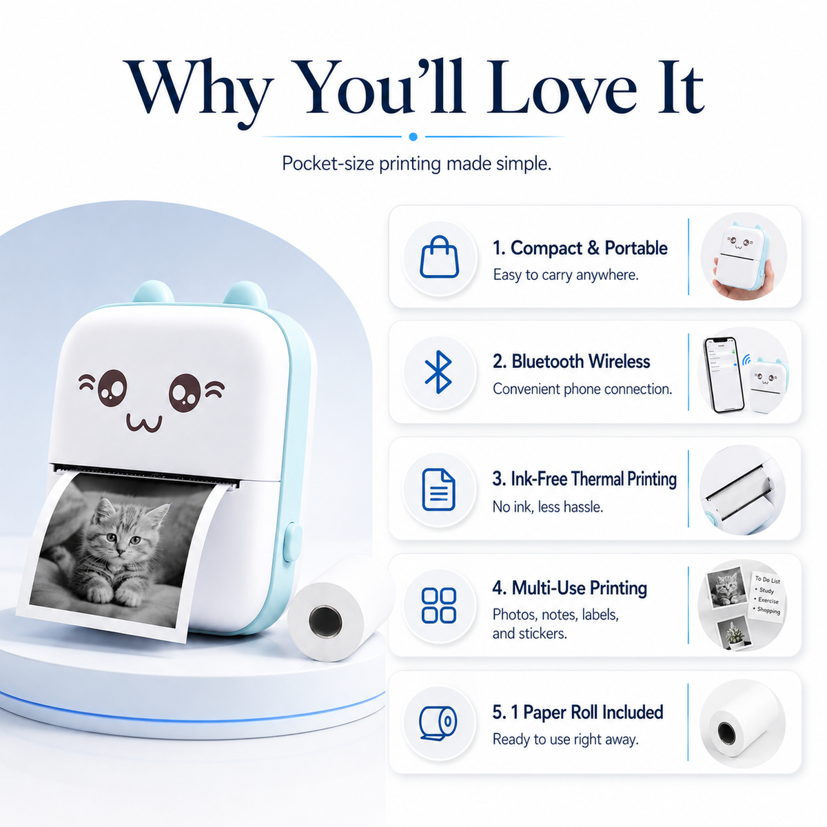 Mini Portable Thermal Printer Wireless Bluetooth Pocket Photo Printer with Paper Roll
