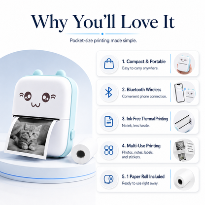 Mini Portable Thermal Printer Wireless Bluetooth Pocket Photo Printer with Paper Roll