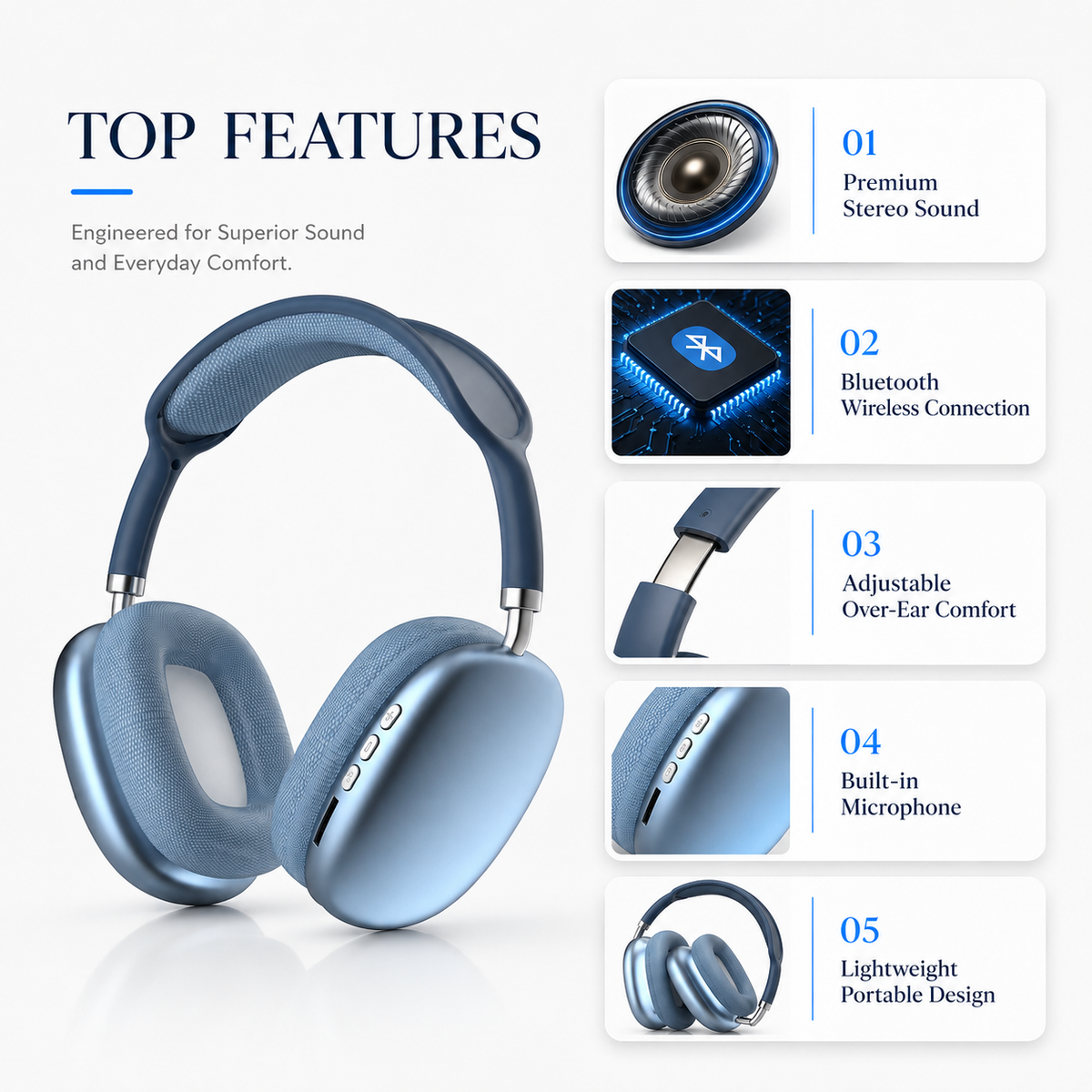 P9 Wireless Bluetooth Headphones Over Ear Stereo Headset with Adjustable Headband