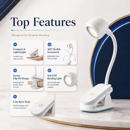 Mini Book Light With Clip – Portable LED Reading Lamp with 360° Flexible Gooseneck for Bed & Study
