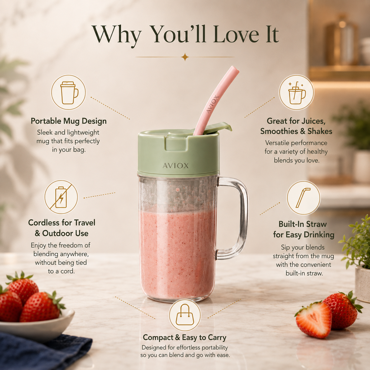 Portable Blender Juicer Cup with Straw – Mug Shaped Cordless Mini Juicer