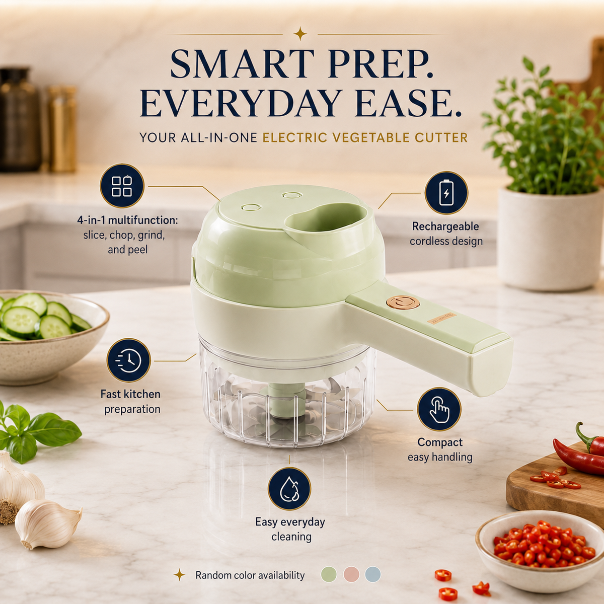 Rechargeable 4 in 1 Electric Vegetable Cutter, Slicer, Chopper, Grinder & Peeler