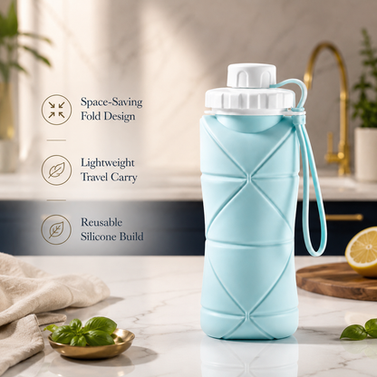 Silicone Foldable Water Bottle 600ml – Portable Travel Collapsible Bottle for Gym, Office & Outdoor Use