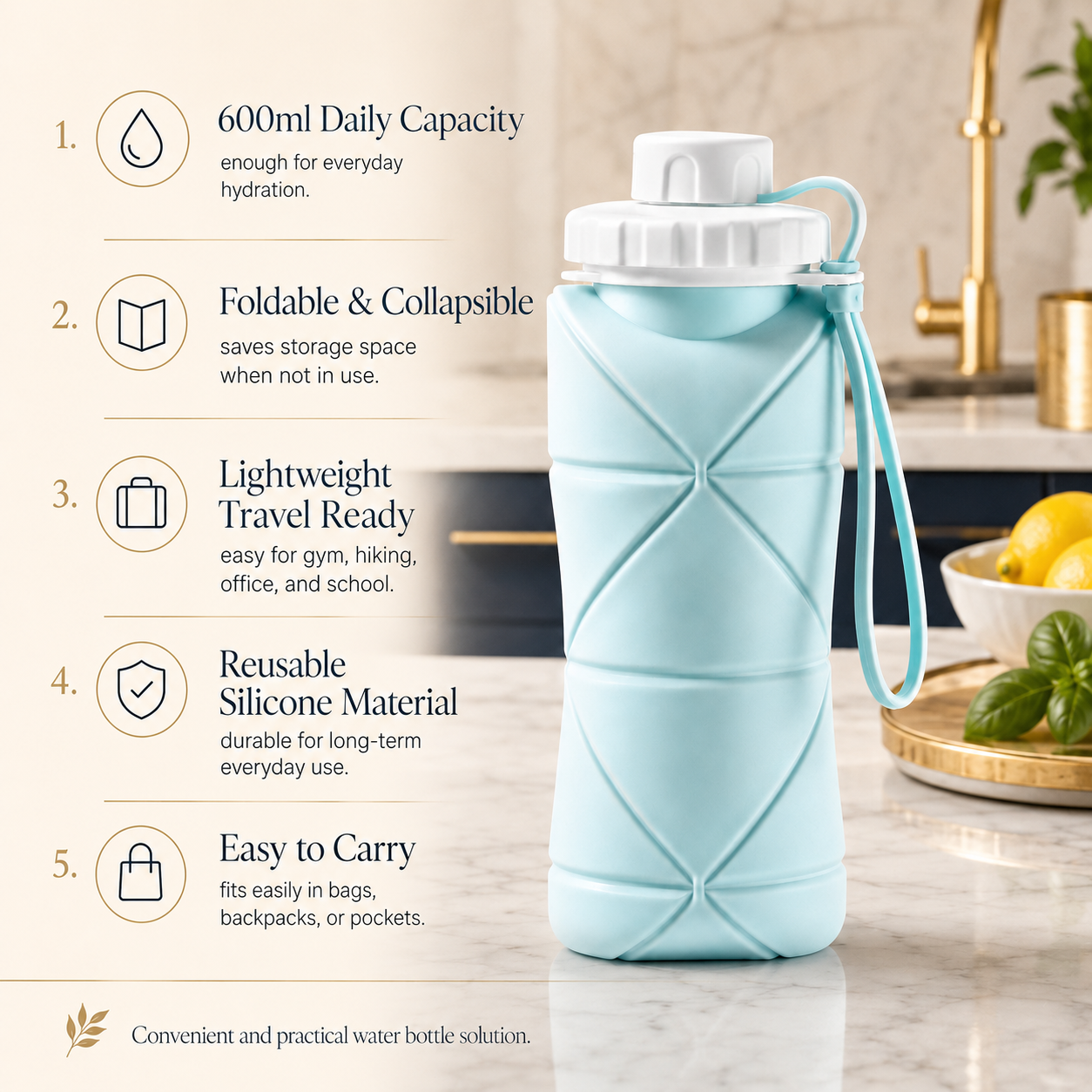 Silicone Foldable Water Bottle 600ml – Portable Travel Collapsible Bottle for Gym, Office & Outdoor Use