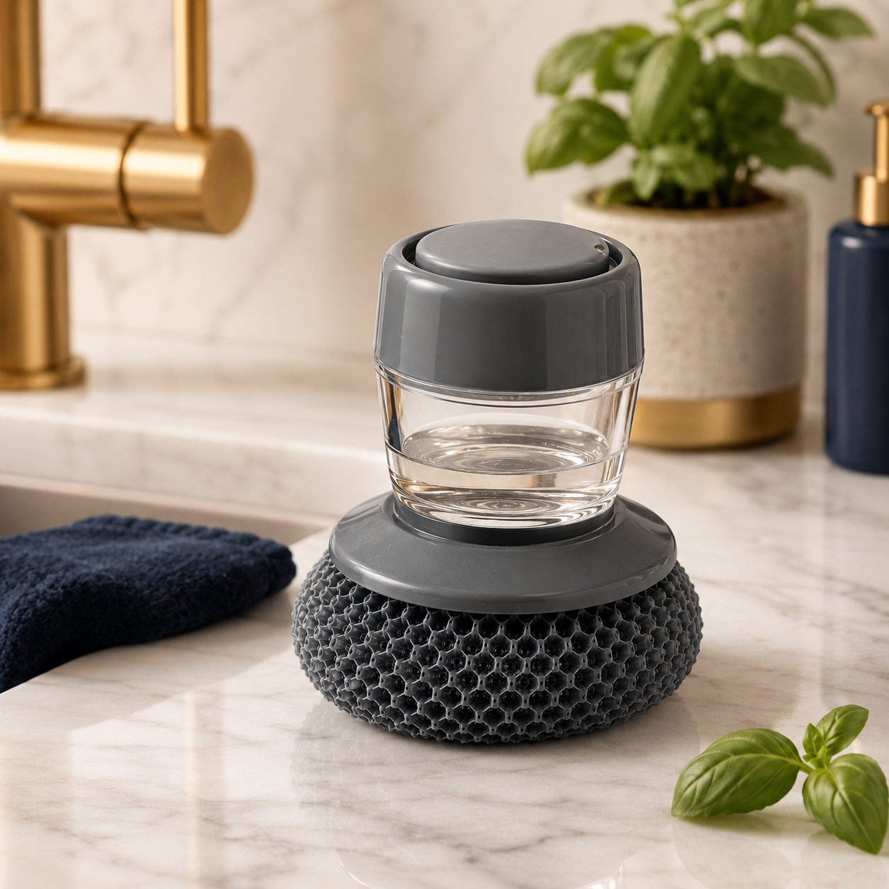 Kitchen Soap Dispenser Palm Brush – Automatic Dish Scrubber with Non-Scratch PET Bristles