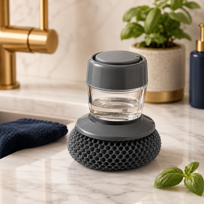 Kitchen Soap Dispenser Palm Brush – Automatic Dish Scrubber with Non-Scratch PET Bristles
