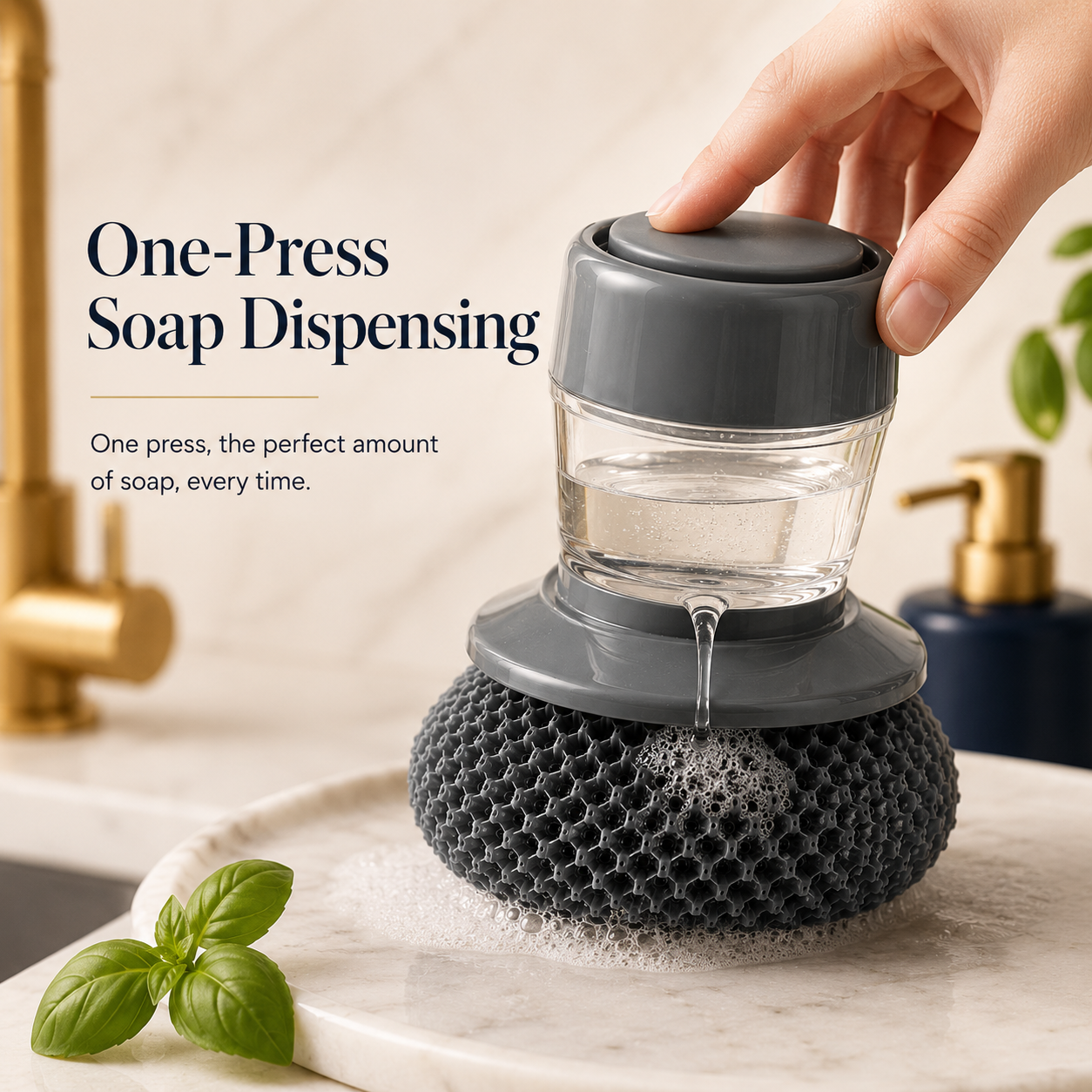 Kitchen Soap Dispenser Palm Brush – Automatic Dish Scrubber with Non-Scratch PET Bristles
