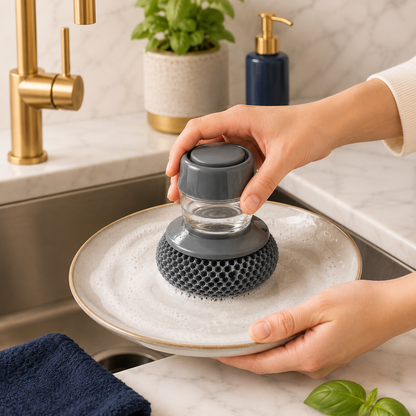 Kitchen Soap Dispenser Palm Brush – Automatic Dish Scrubber with Non-Scratch PET Bristles