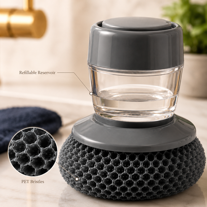 Kitchen Soap Dispenser Palm Brush – Automatic Dish Scrubber with Non-Scratch PET Bristles