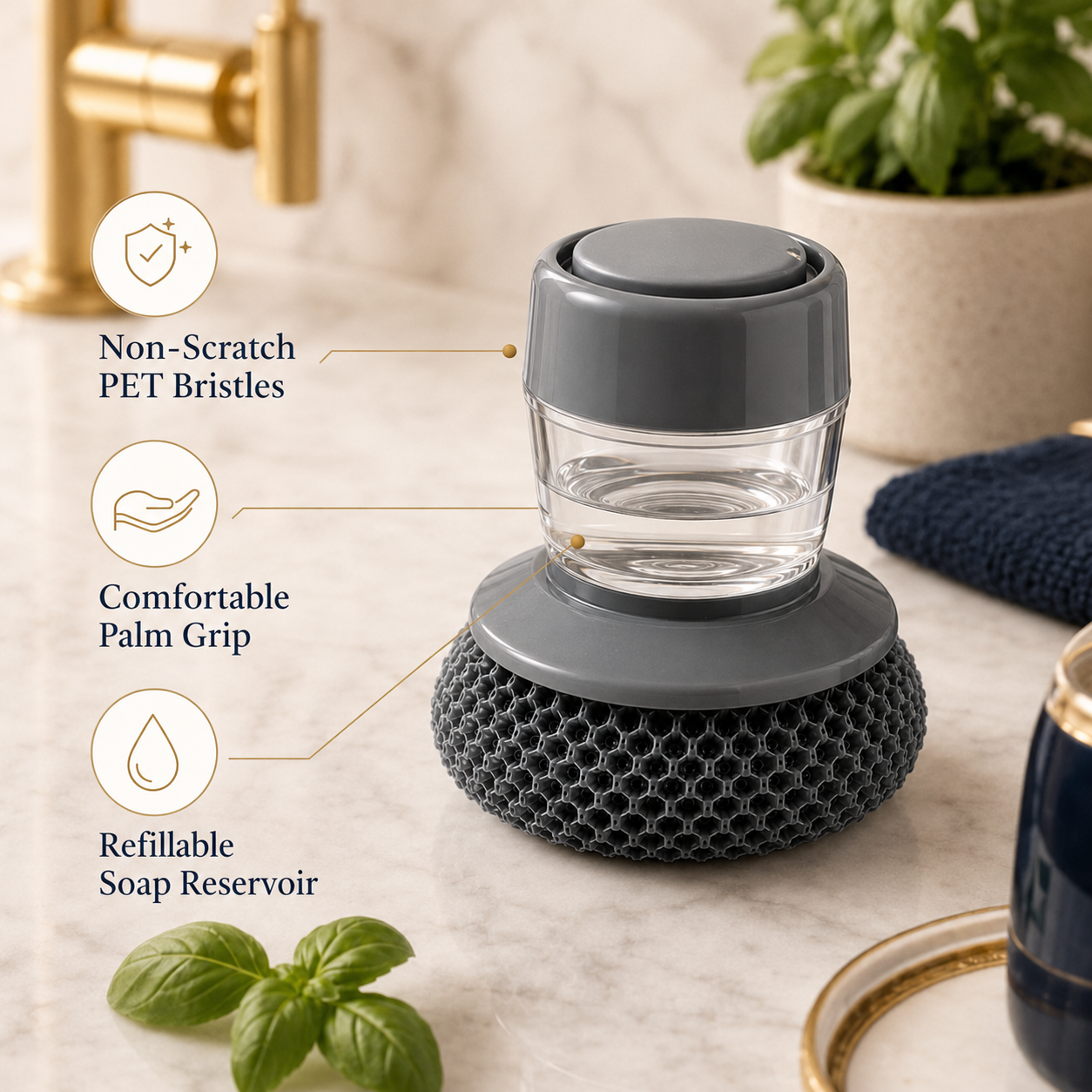 Kitchen Soap Dispenser Palm Brush – Automatic Dish Scrubber with Non-Scratch PET Bristles