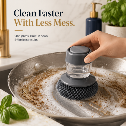 Kitchen Soap Dispenser Palm Brush – Automatic Dish Scrubber with Non-Scratch PET Bristles