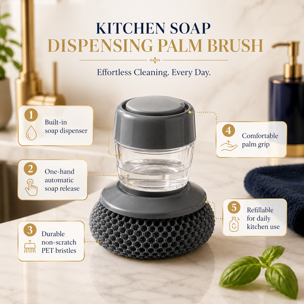 Kitchen Soap Dispenser Palm Brush – Automatic Dish Scrubber with Non-Scratch PET Bristles