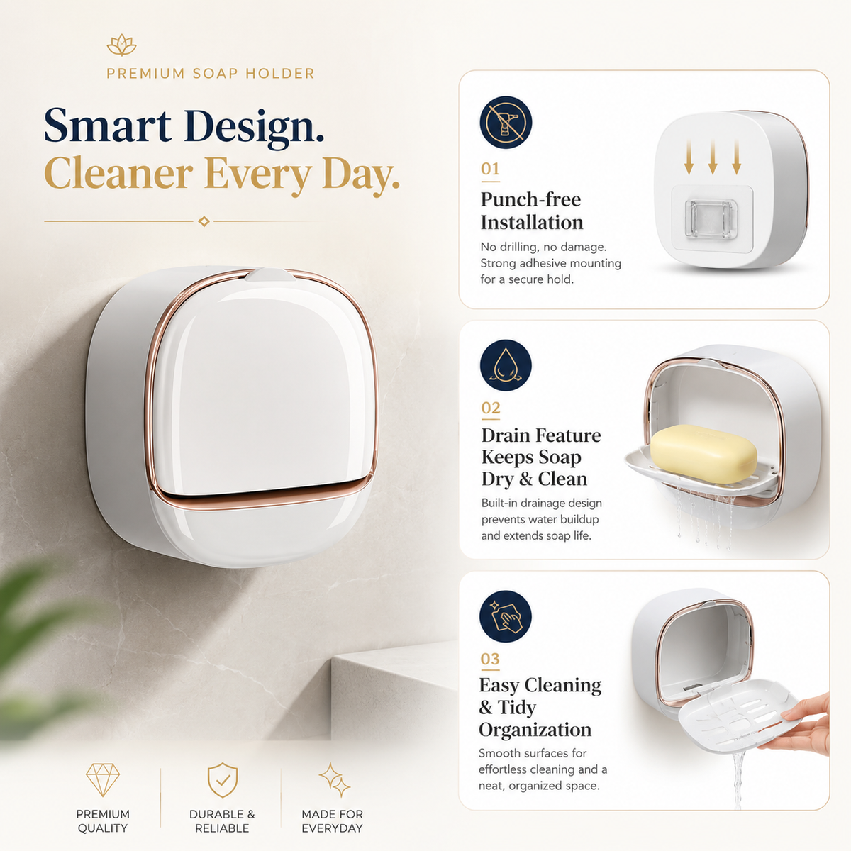 Wall Mounted Soap Box Holder | Punch Free Drainage Soap Dish for Bathroom & Kitchen
