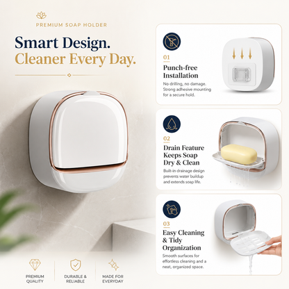 Wall Mounted Soap Box Holder | Punch Free Drainage Soap Dish for Bathroom & Kitchen