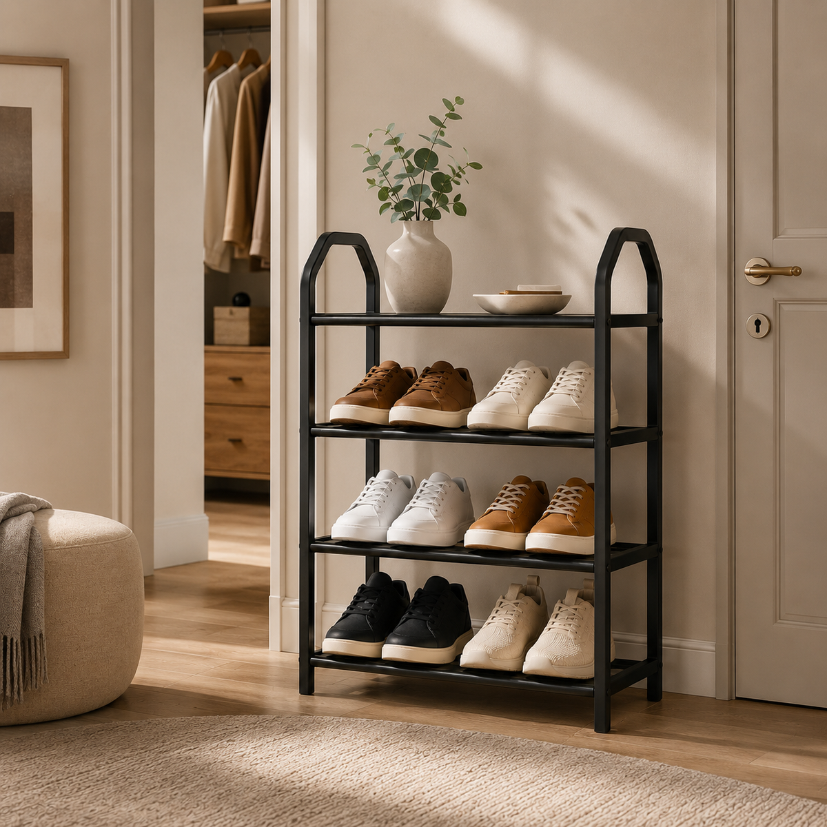 4-Layer Portable Shoe Rack with Dustproof Cover – Space Saving Shoe Organizer for Home & Closet (Plastic + Metal Body)