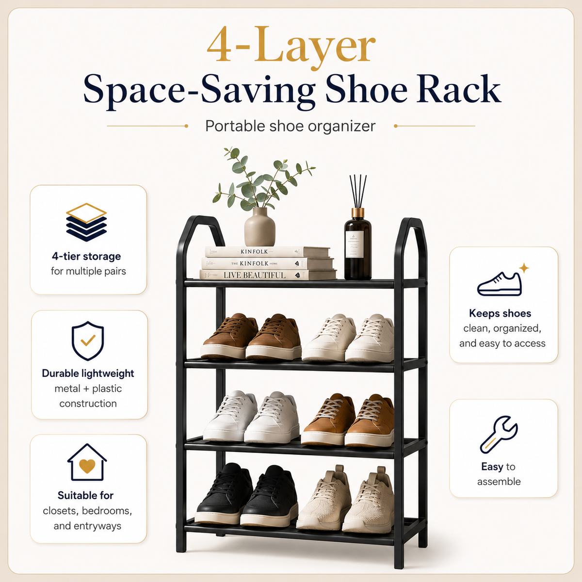 4-Layer Portable Shoe Rack with Dustproof Cover – Space Saving Shoe Organizer for Home & Closet (Plastic + Metal Body)