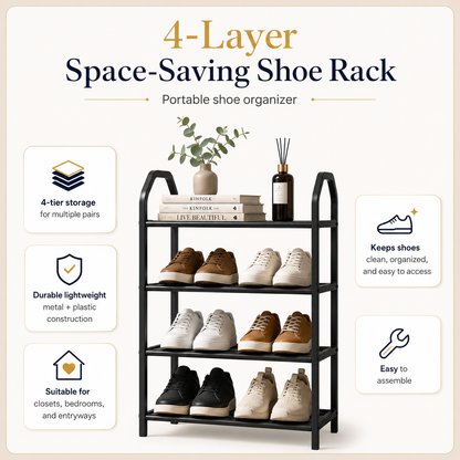 4-Layer Portable Shoe Rack with Dustproof Cover – Space Saving Shoe Organizer for Home & Closet (Plastic + Metal Body)