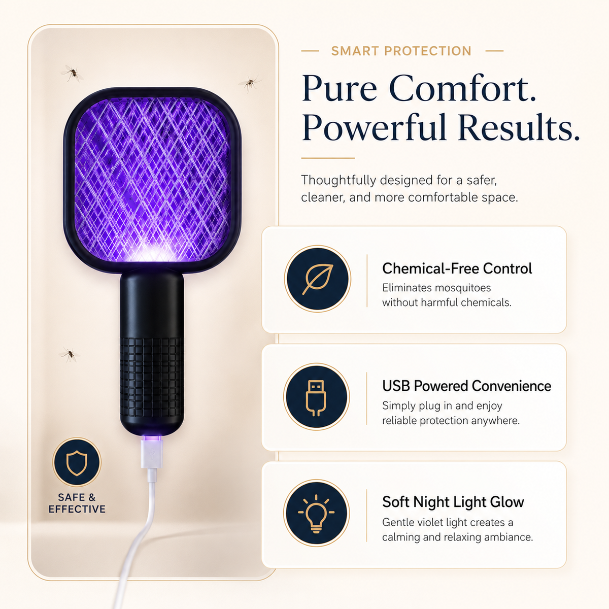 Electric Mini USB Mosquito Killer Racquet Lamp – Wireless Rechargeable Night Light & Insect Catcher