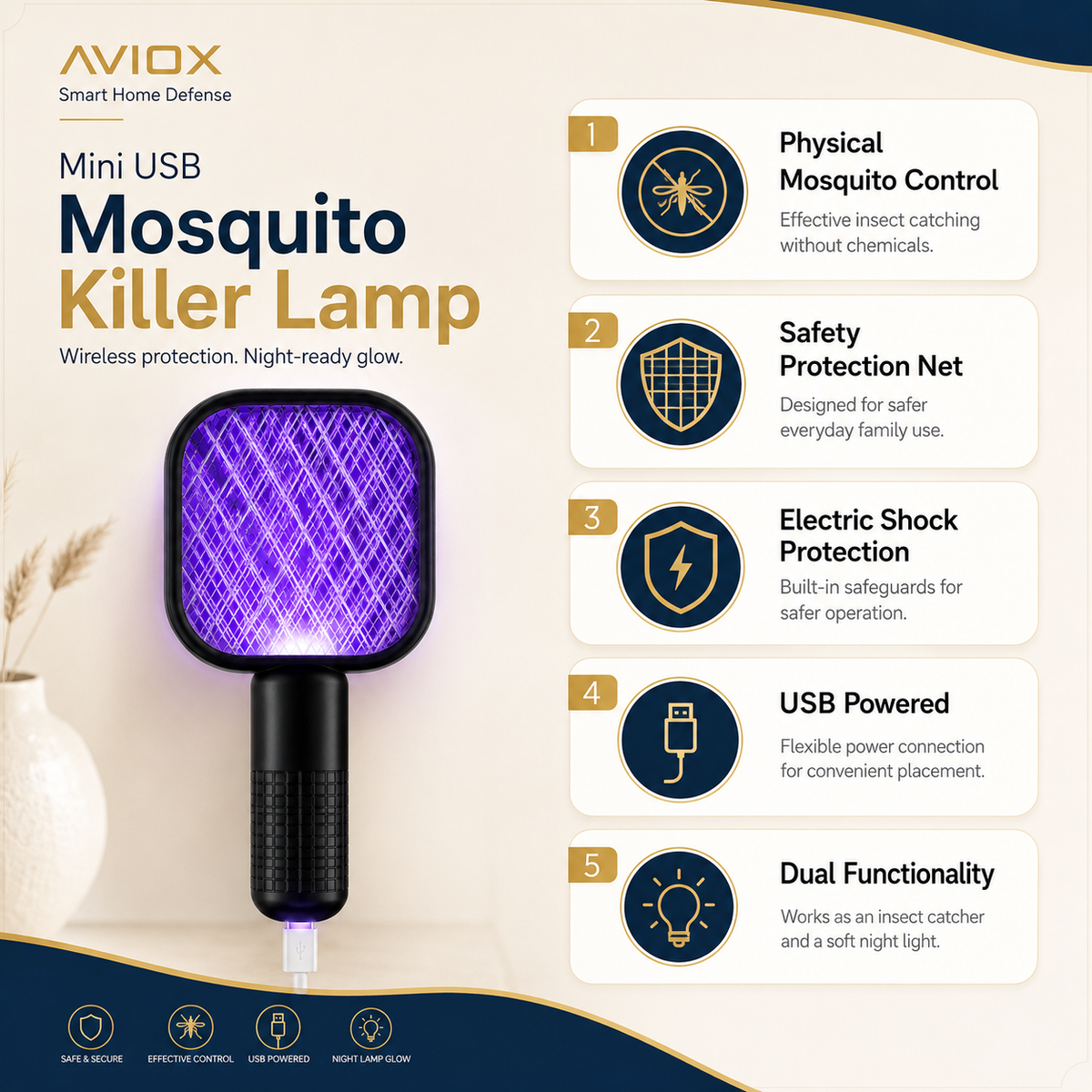 Electric Mini USB Mosquito Killer Racquet Lamp – Wireless Rechargeable Night Light & Insect Catcher