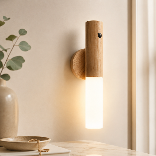 LED Wood Night Light with PIR Motion Sensor – Magnetic USB Rechargeable Wall Lamp for Bedroom, Stairs & Bedside