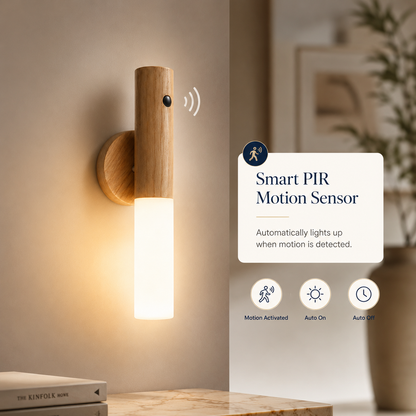 LED Wood Night Light with PIR Motion Sensor – Magnetic USB Rechargeable Wall Lamp for Bedroom, Stairs & Bedside