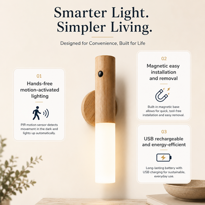 LED Wood Night Light with PIR Motion Sensor – Magnetic USB Rechargeable Wall Lamp for Bedroom, Stairs & Bedside