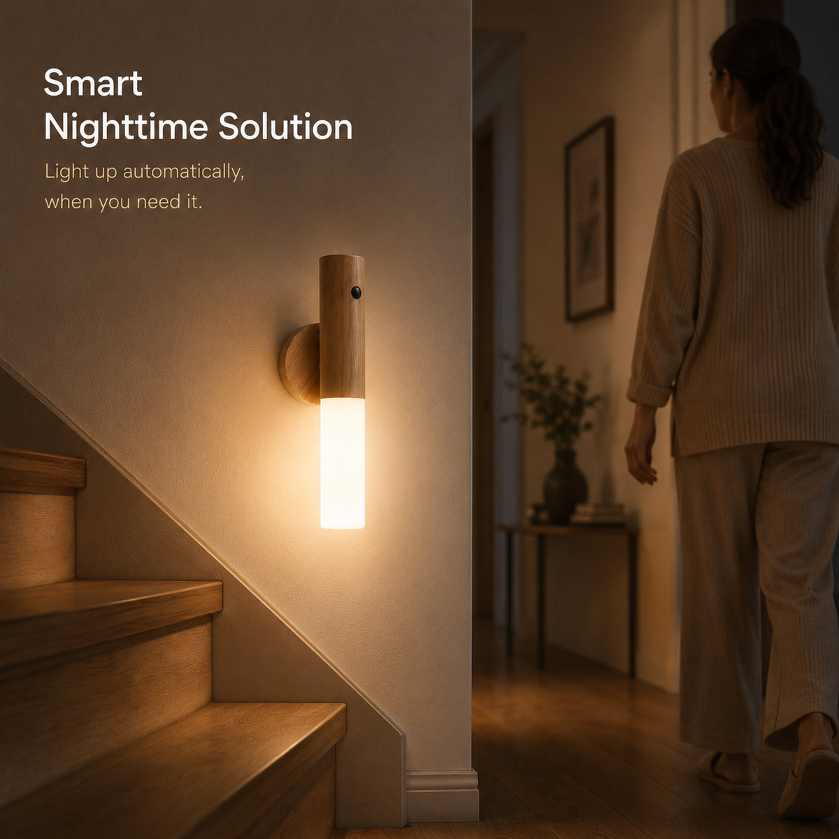 LED Wood Night Light with PIR Motion Sensor – Magnetic USB Rechargeable Wall Lamp for Bedroom, Stairs & Bedside